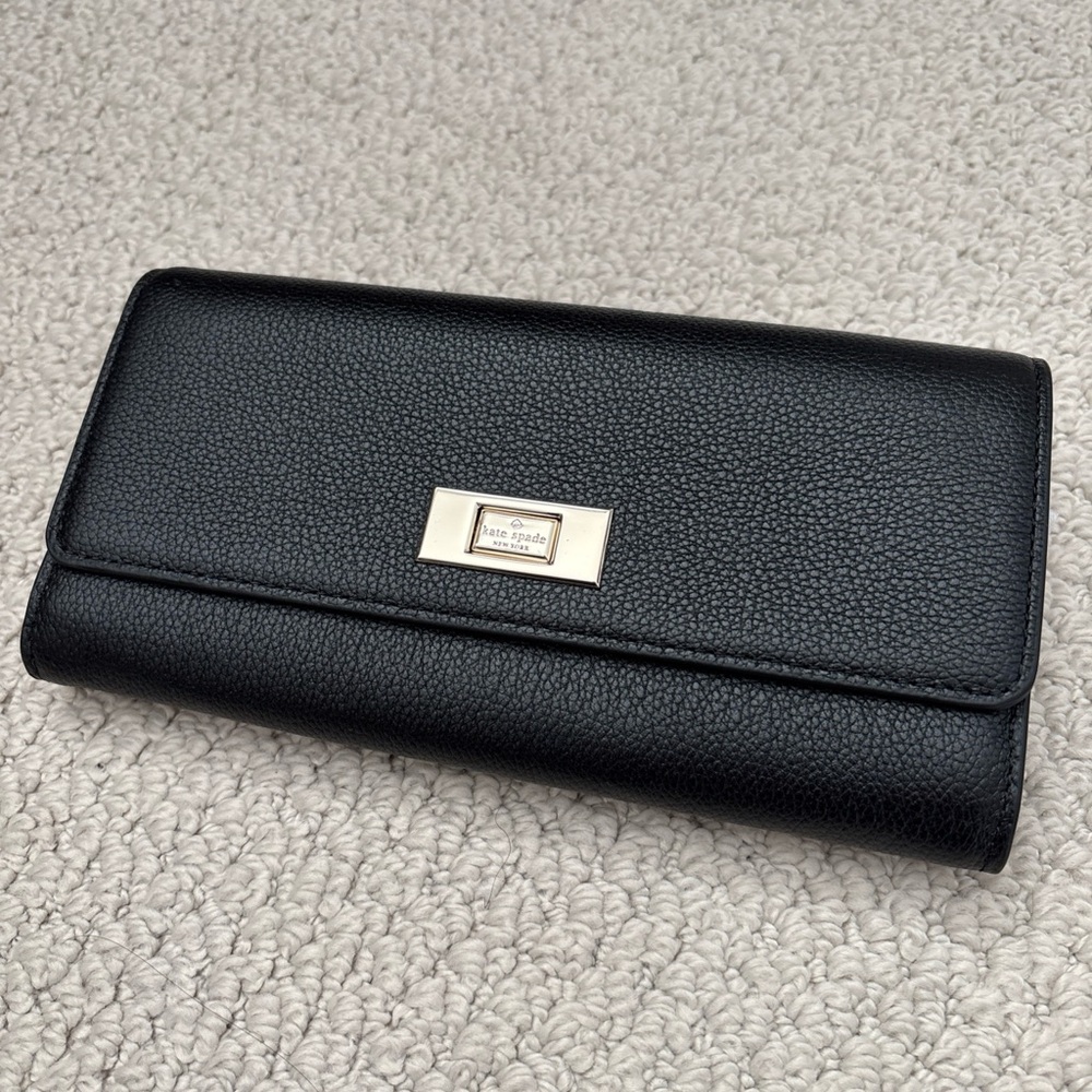 Kate Spade Lucia Large Slim Wallet Flap Clutch Refined Leather Black $269